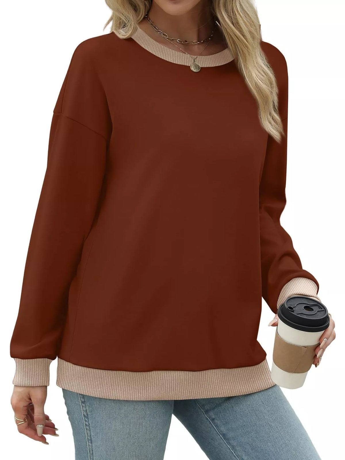 Contrast Trim Crew Neck Casual Sweatshirt - Lilixa.store