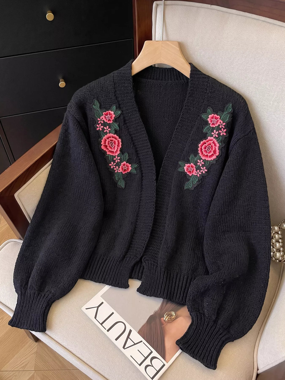 Floral Embroidered Applique Knit Cardigan in Black, view 8