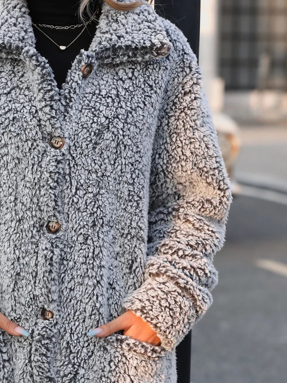 Pocketed Collared Neck Long Sleeve Plush Jacket - Lilixa.store