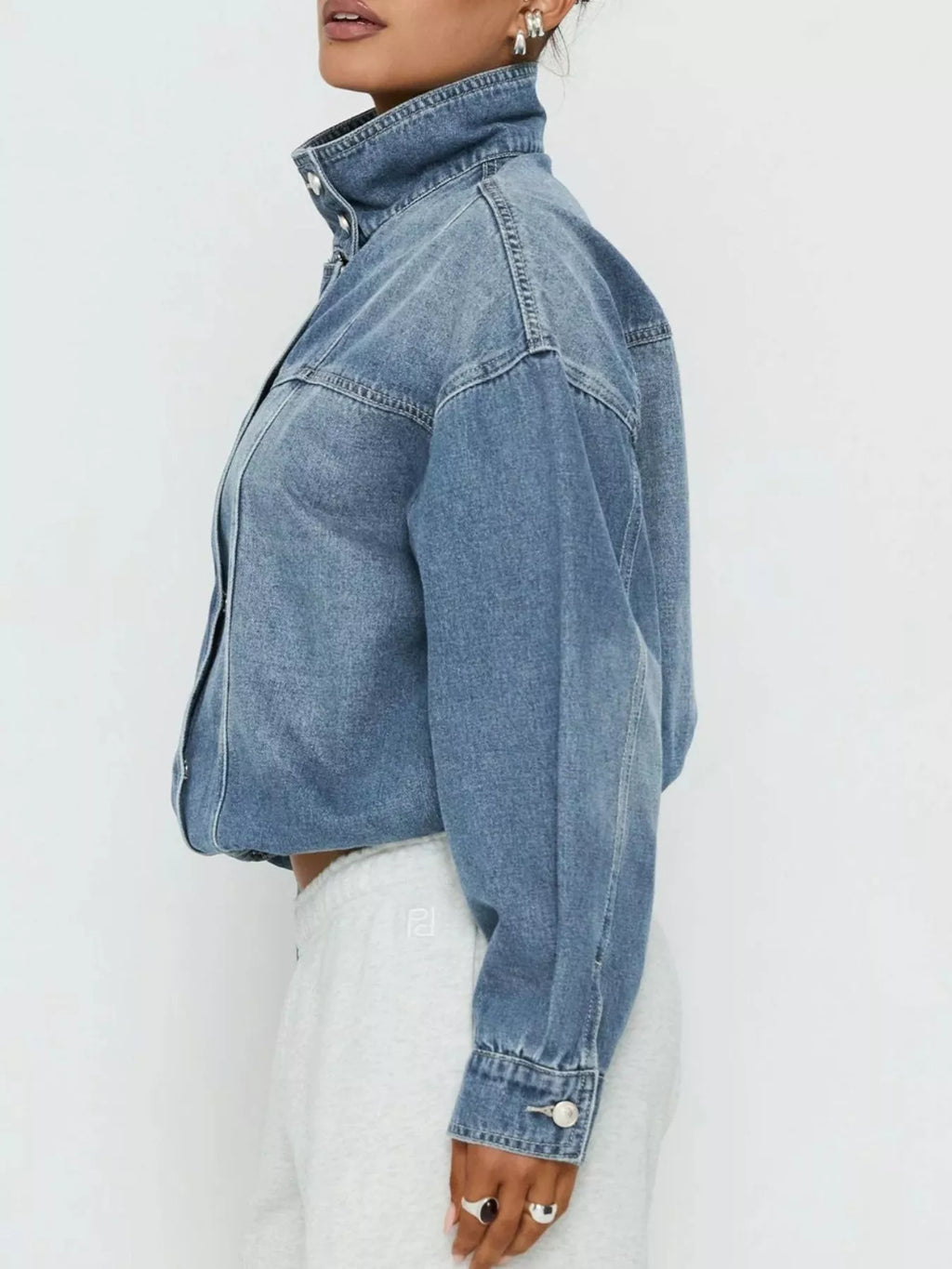 Washed Stand-Up Collar Denim Jacket - Lilixa.store