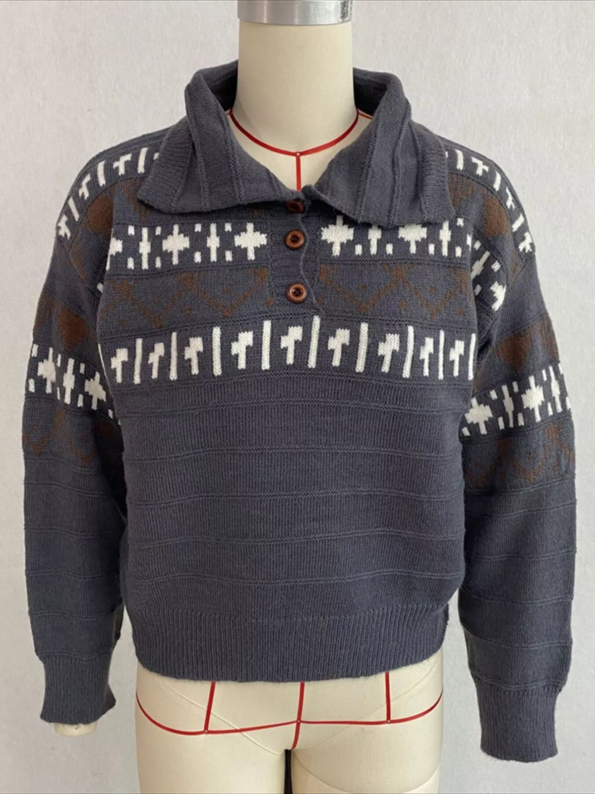 Vintage-Inspired Fair Isle Patterned Polo Sweater, view 11