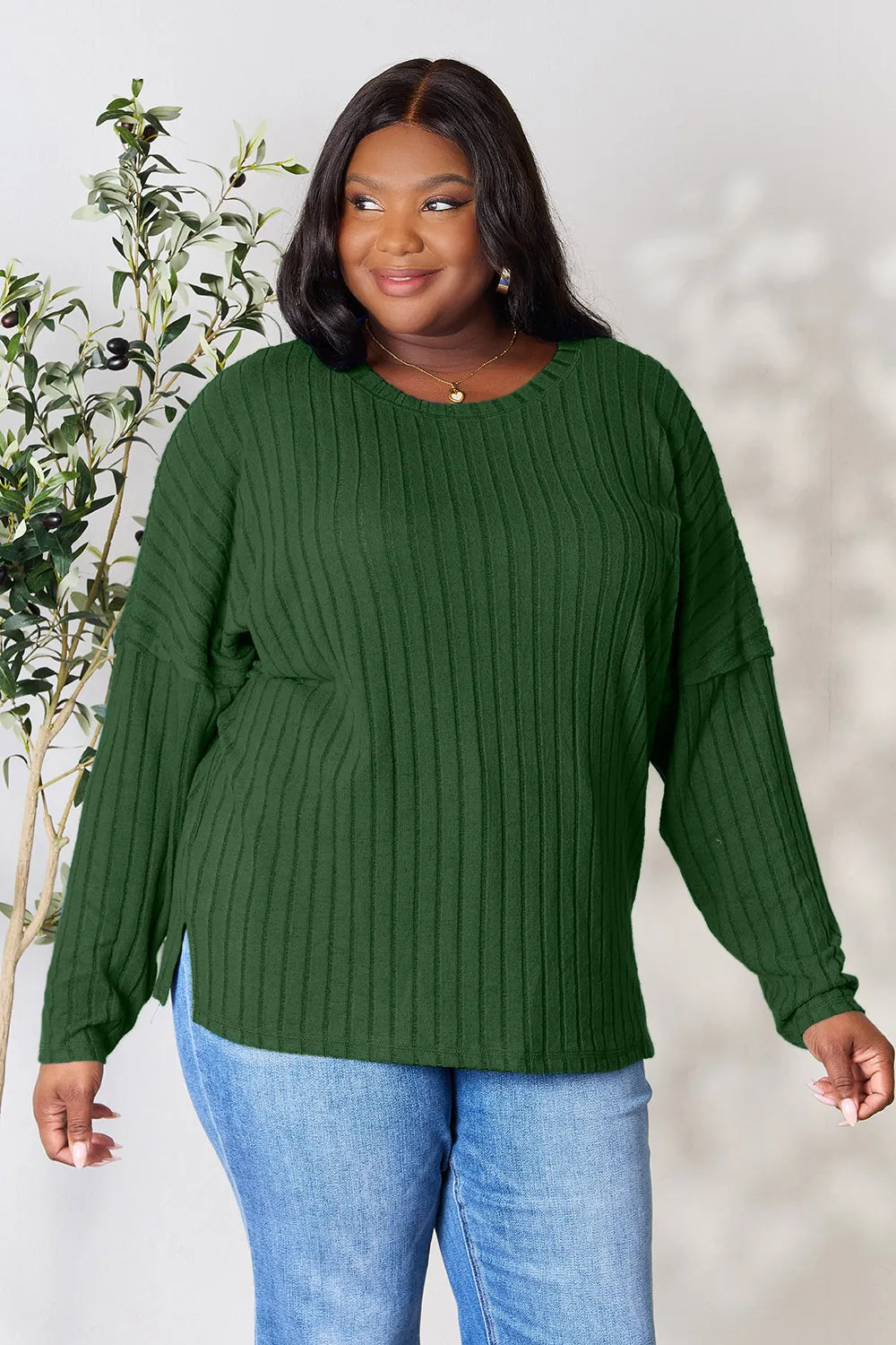 Basic Bae Full Size Ribbed Round Neck Slit Knit Top - Lilixa.store