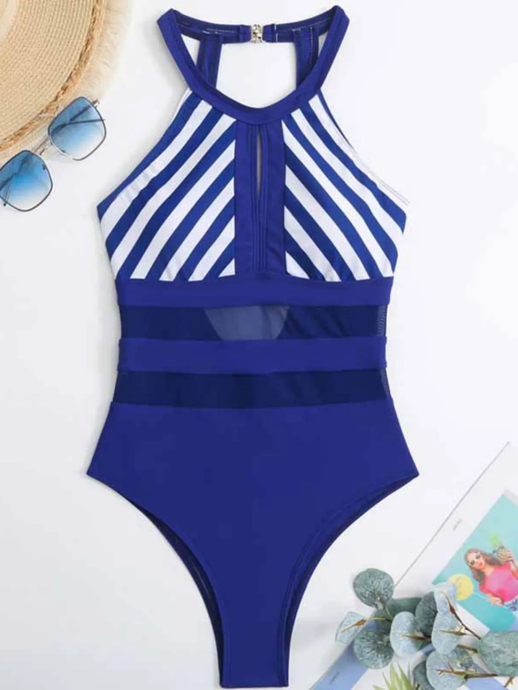 Mesh Detail Backless Striped One-Piece Swimsuit - Lilixa.store