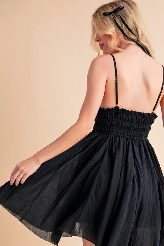 Aemi+Co Lace Detail Mini Cami Dress in Black, view 8