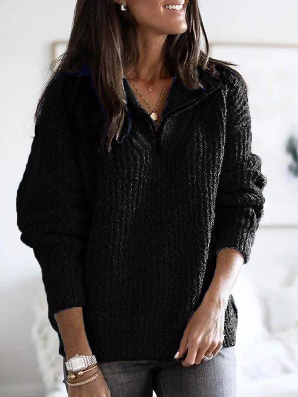 Full Size Half-Zip Textured Sweater Plus Size - Lilixa.store
