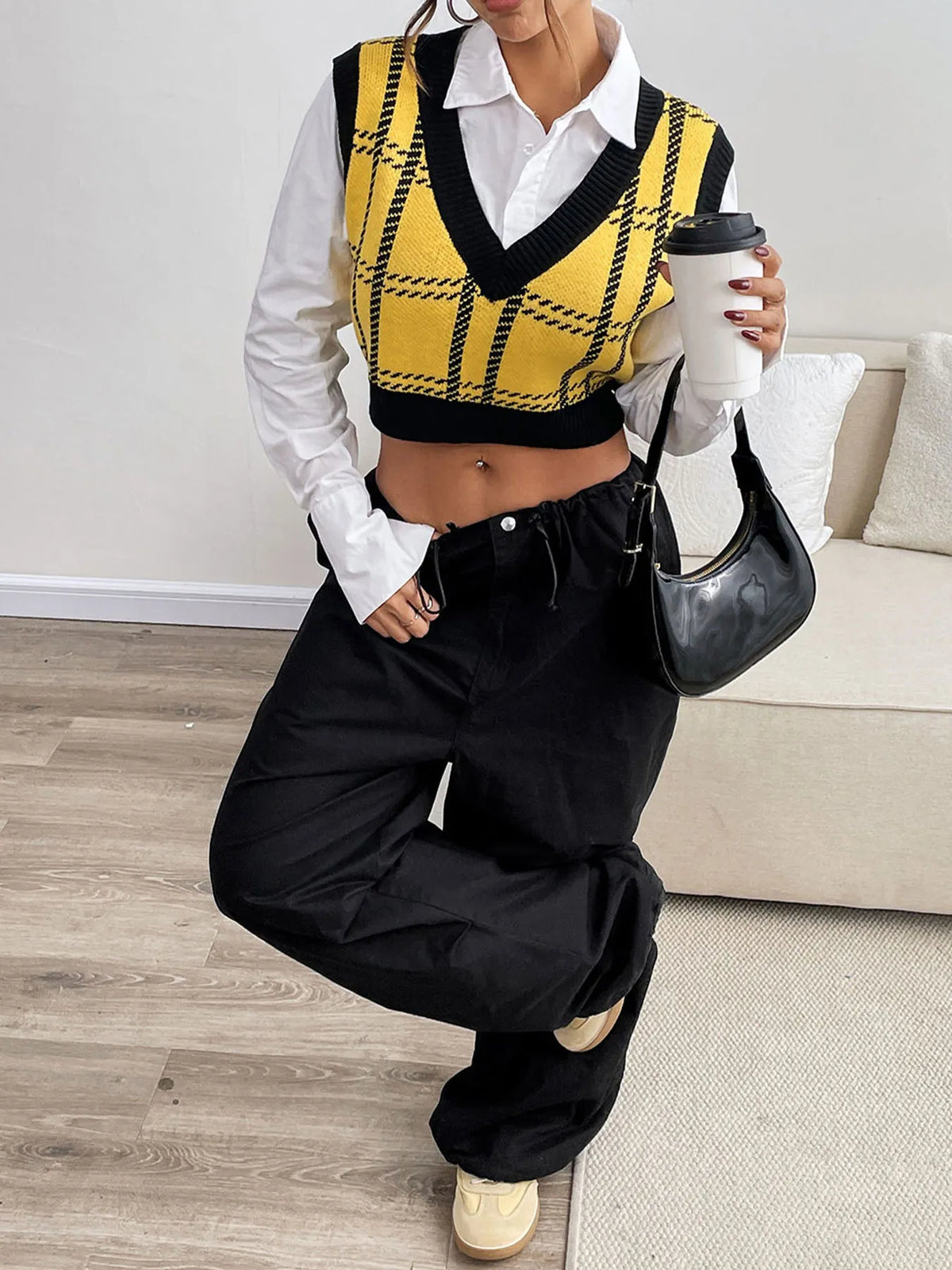 Plaid V-Neck Cropped Sweater Vest in Yellow, view 6