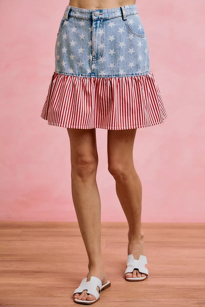 SO ME Stars And Stripes Fit And Flare Denim Mini Skirt - Lilixa.store