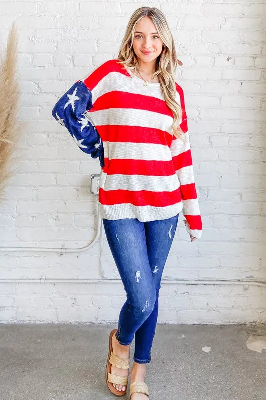 And The Why American Flag Long Sleeve Sweater - Lilixa.store