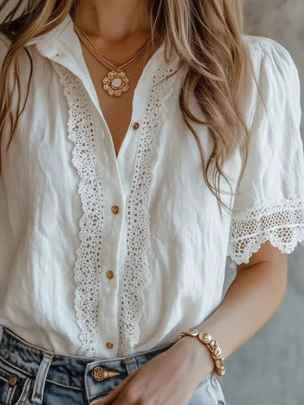 Lace-Trimmed Short Sleeve Button-Down Shirt - Lilixa.store