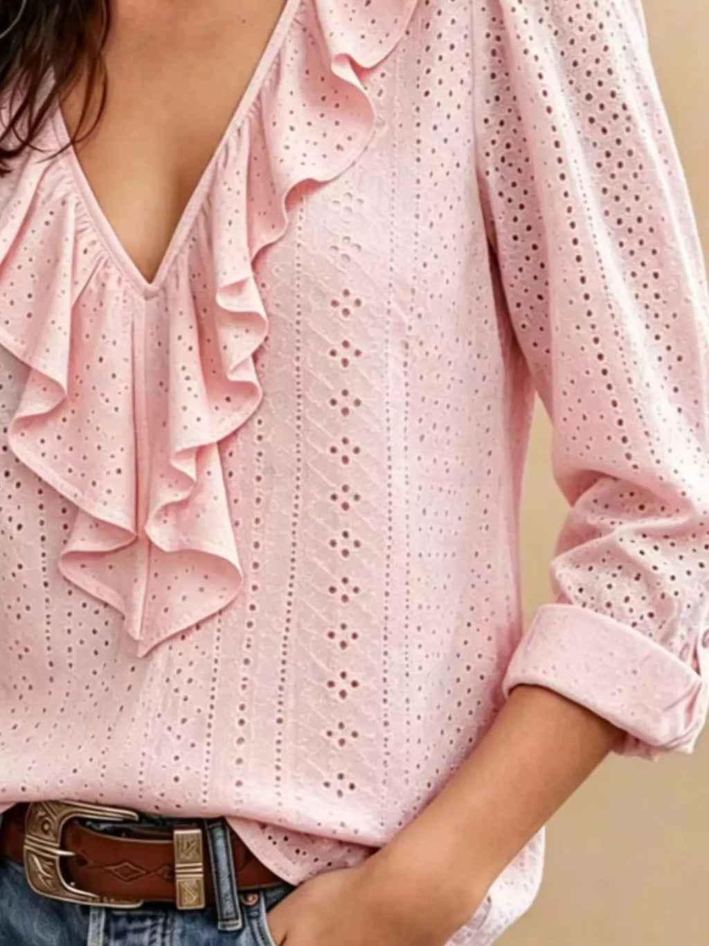 Eyelet Ruffle V-Neck Blouse - Lilixa.store
