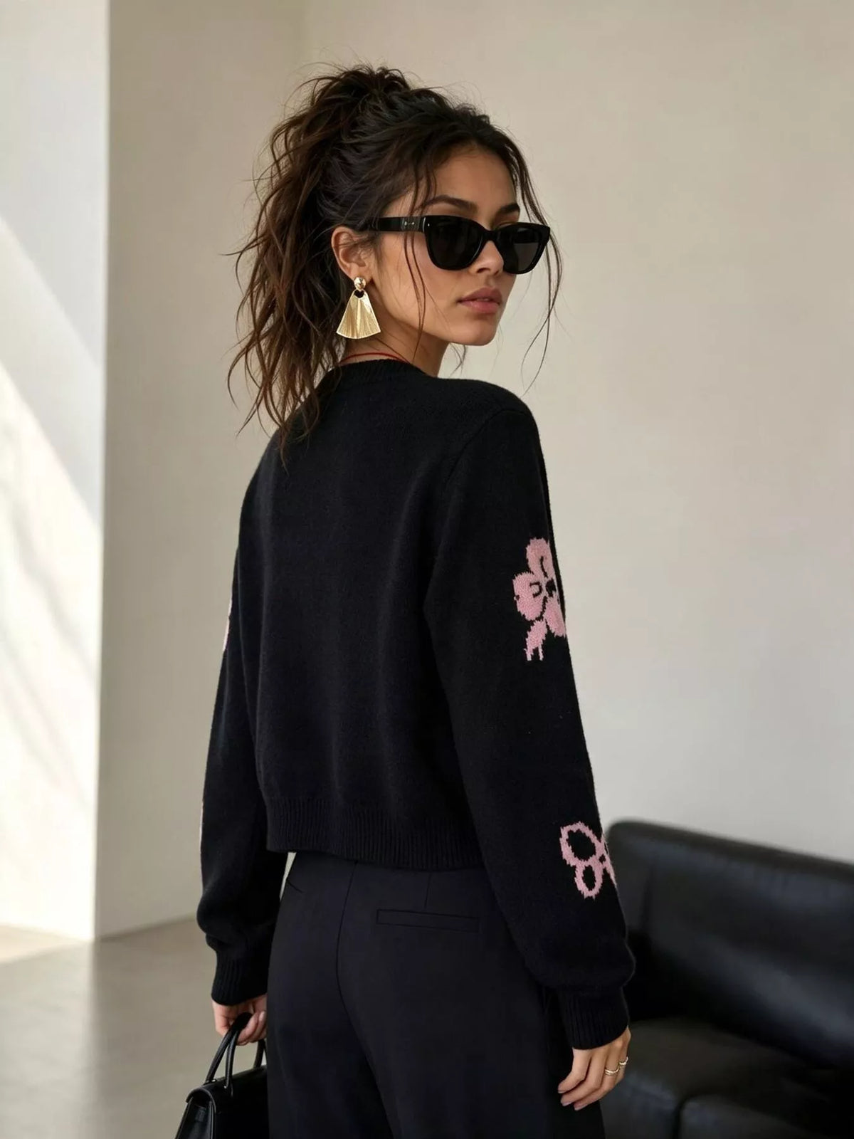 Floral Crew Neck Cropped Knit Cardigan, view 8