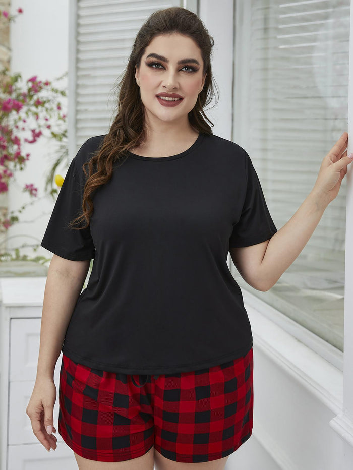 Plus Size Round Neck Tee Shirt and Plaid Shorts Lounge Set - Lilixa.store