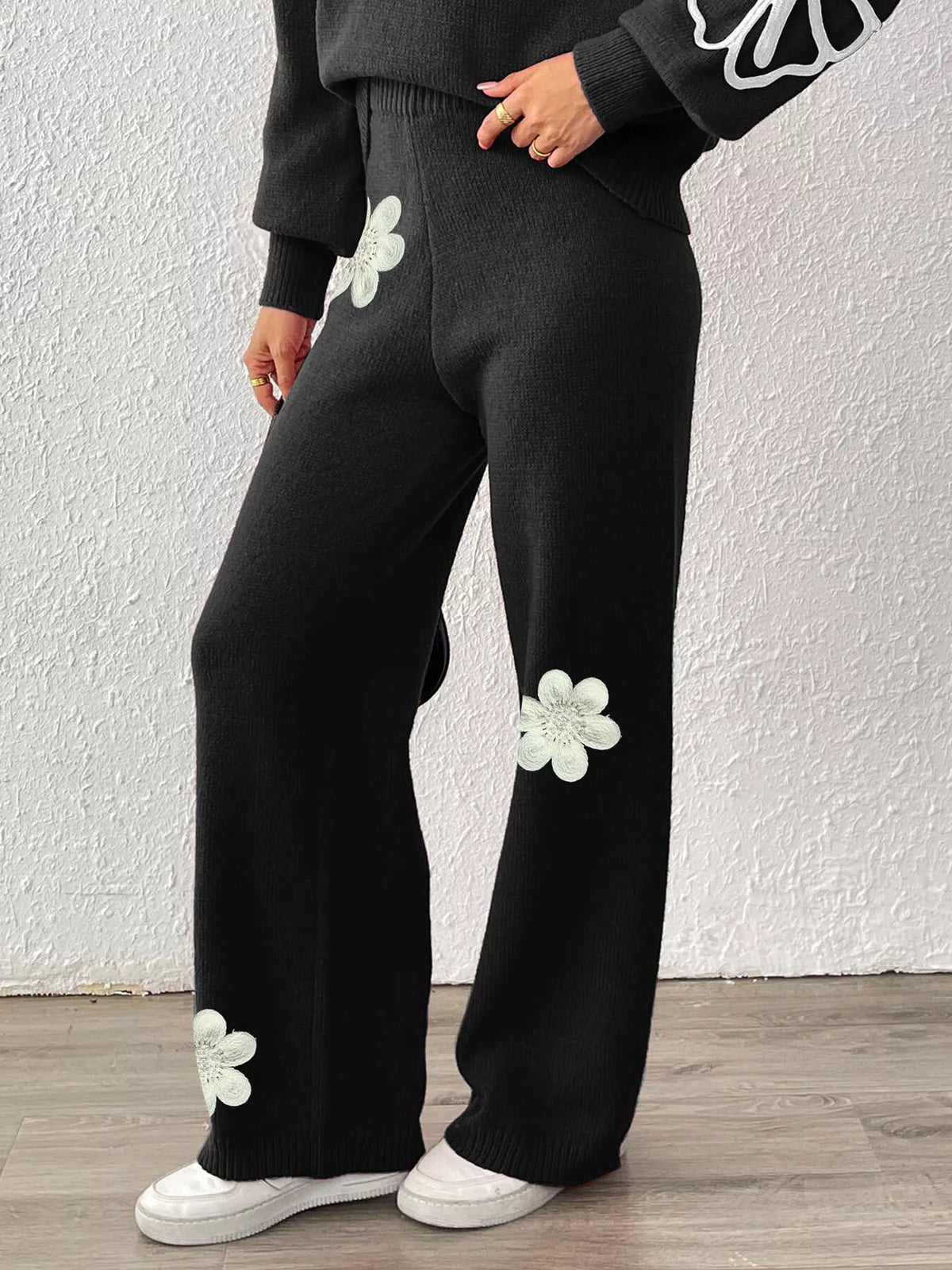 High-Waisted Wide-Leg Sweater Pants with Floral Beaded Decor in Black