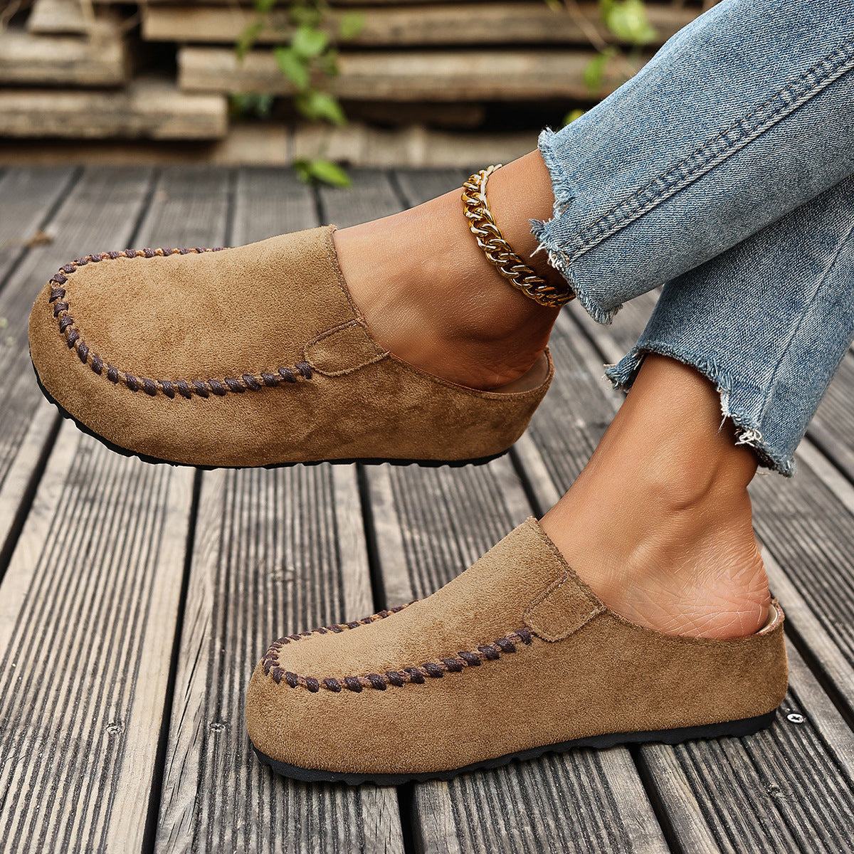 Round Toe Slip-Ons in Khaki
