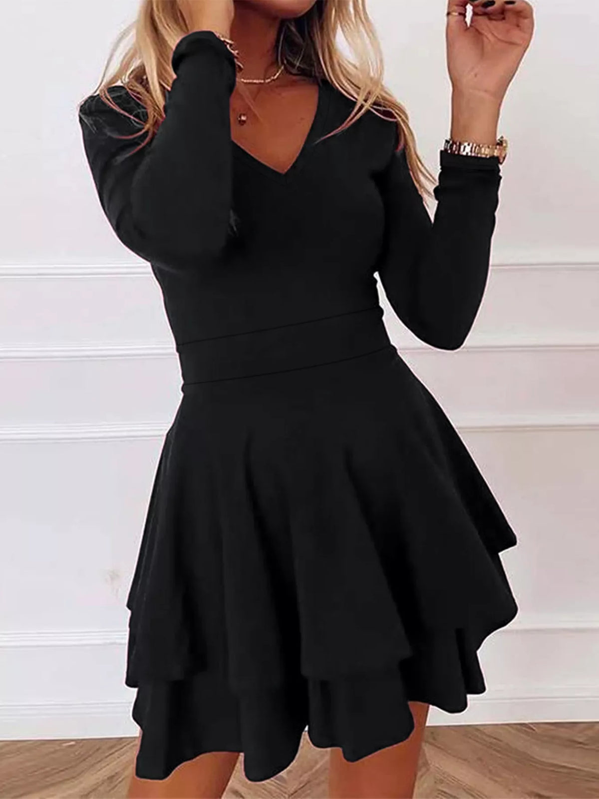 V-Neck Long Sleeve Layered Ruffle Mini Dress - Lilixa.store