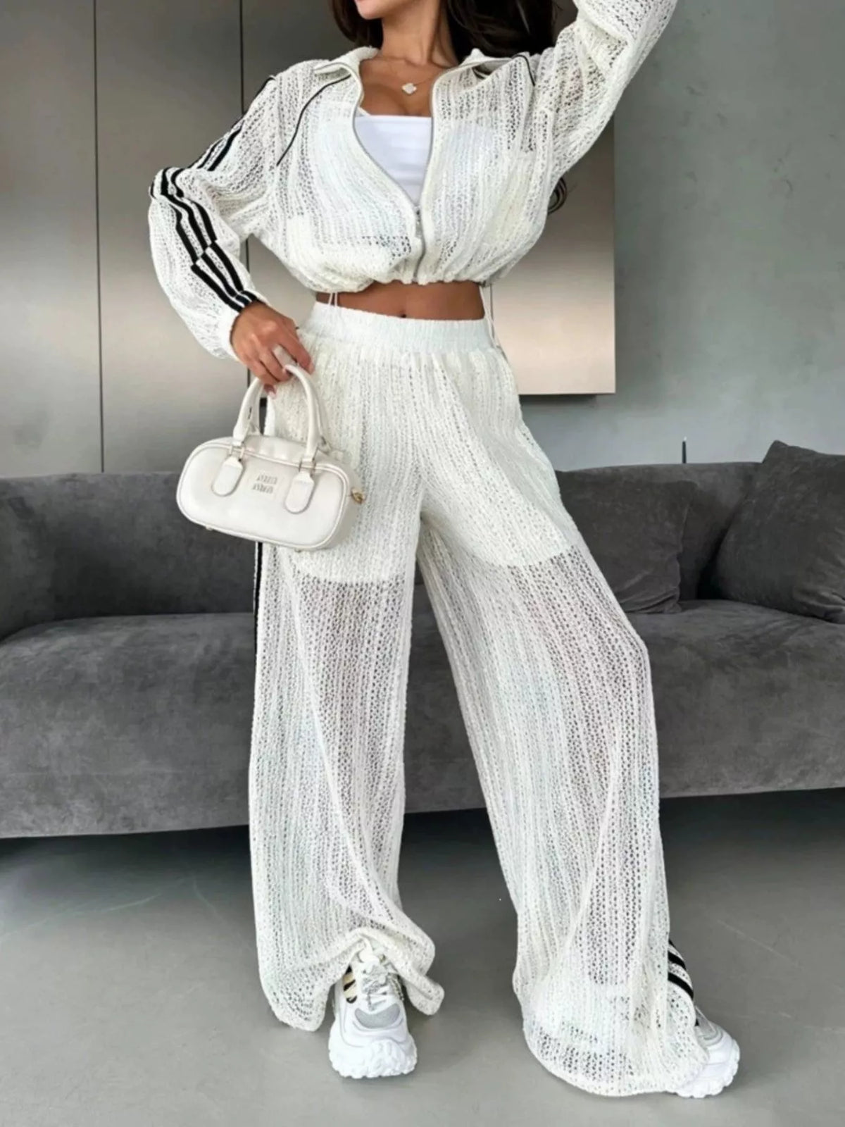 Side Stripes Zip Up Top and Pants Set - Lilixa.store