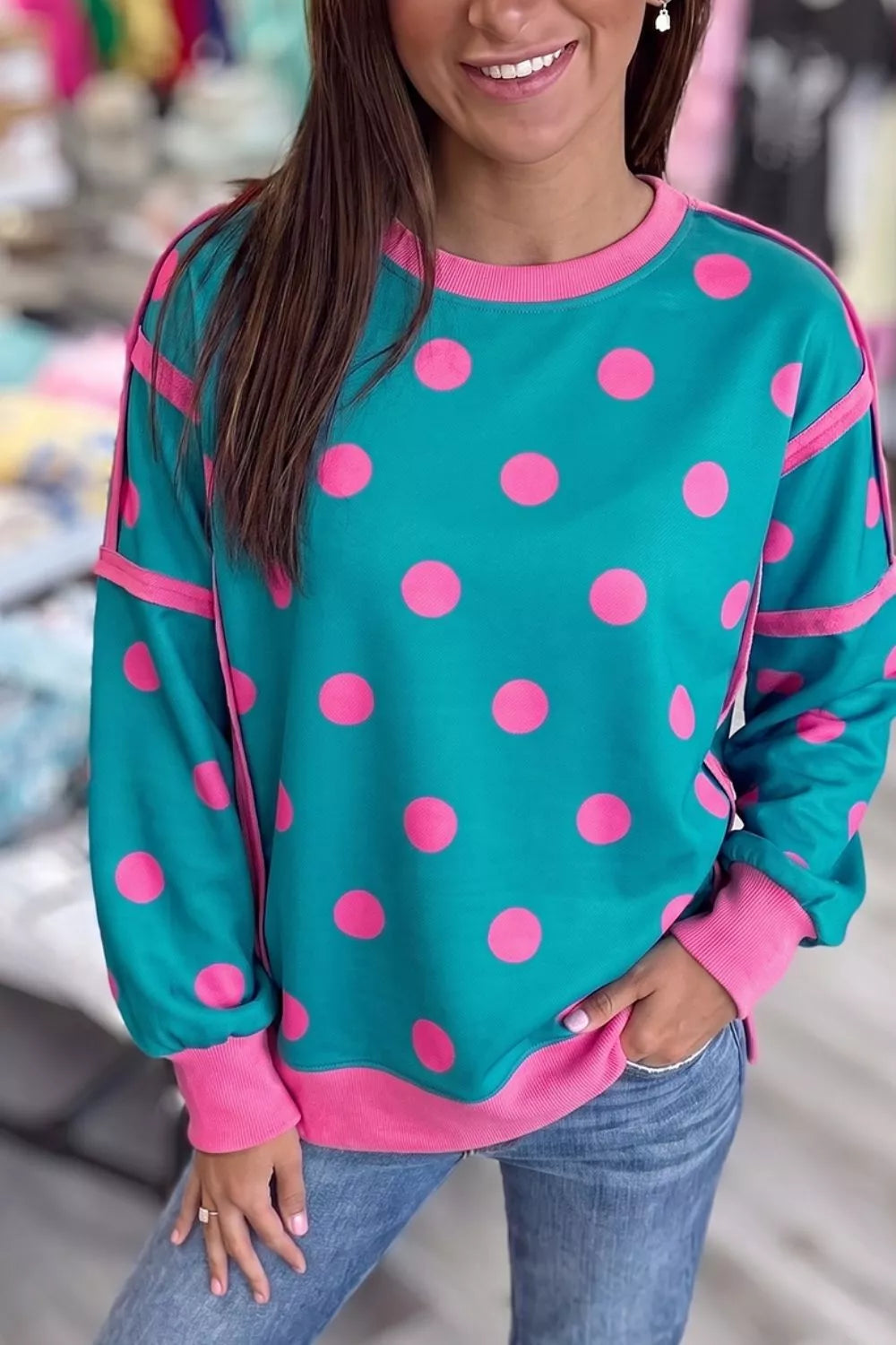 Polka Dot Contrast Patchwork Round Neck Baggy Sweatshirt in Sky Blue, view 4
