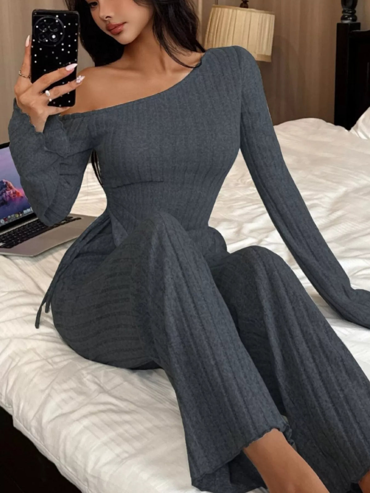 One-Shoulder Ribbed Knit Top and Pants Set - Lilixa.store