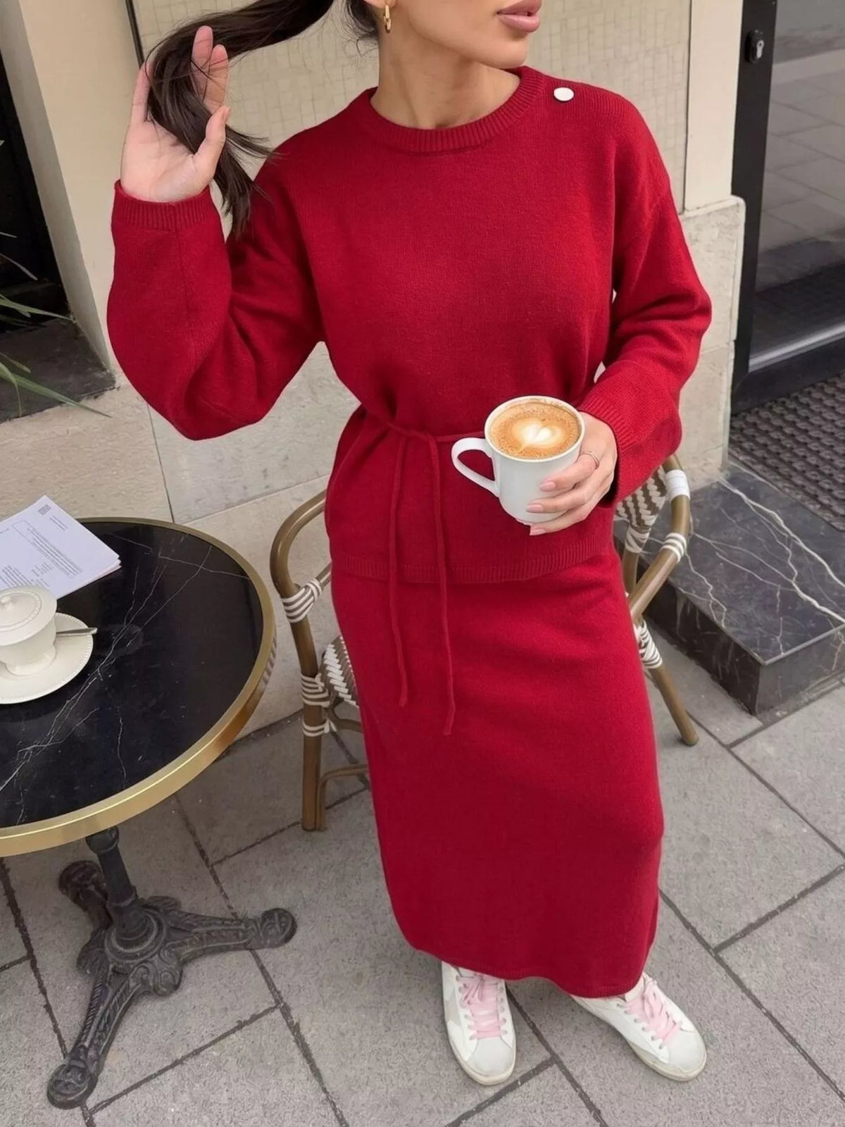 Waist-Tie Detail Sweater and Maxi Skirt Set, view 5