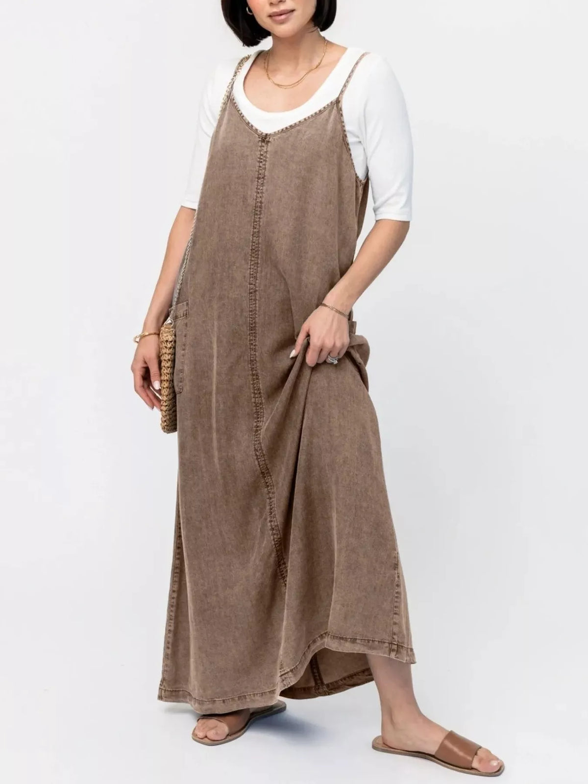 Casual Washed Denim Cami Maxi Dress in Brown