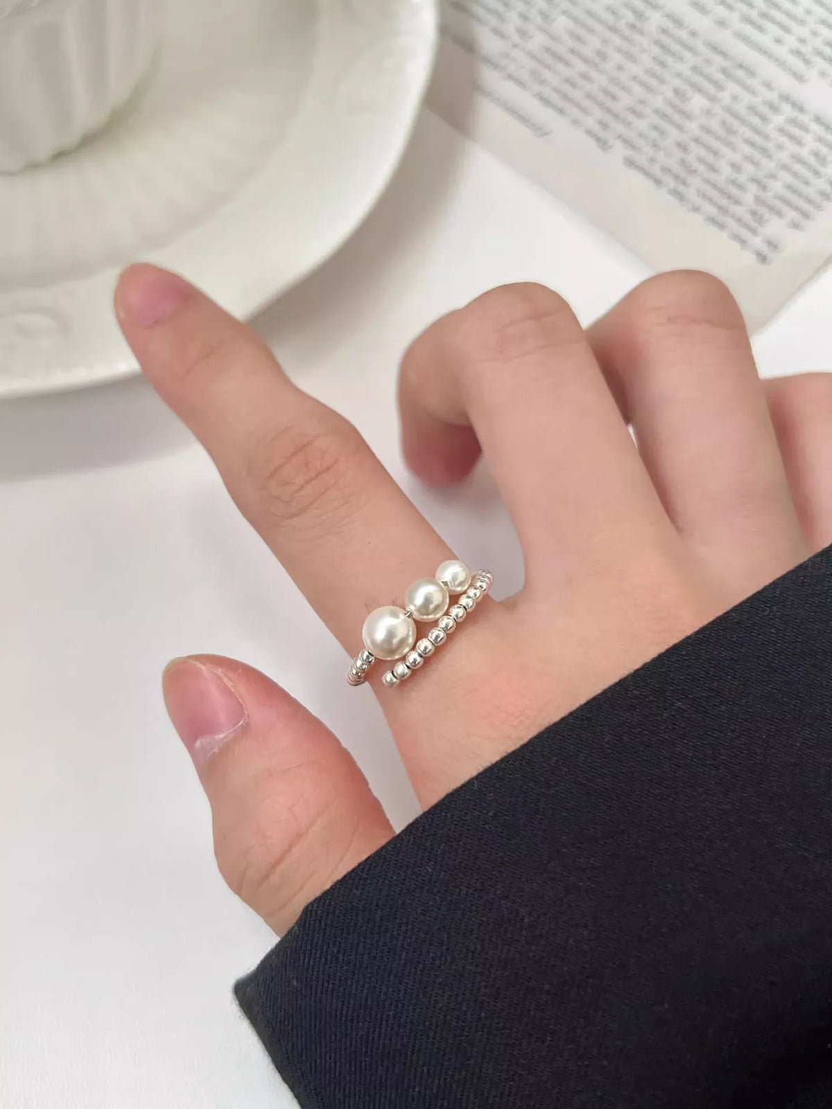 Triple Pearl Beaded Bypass Ring - Lilixa.store