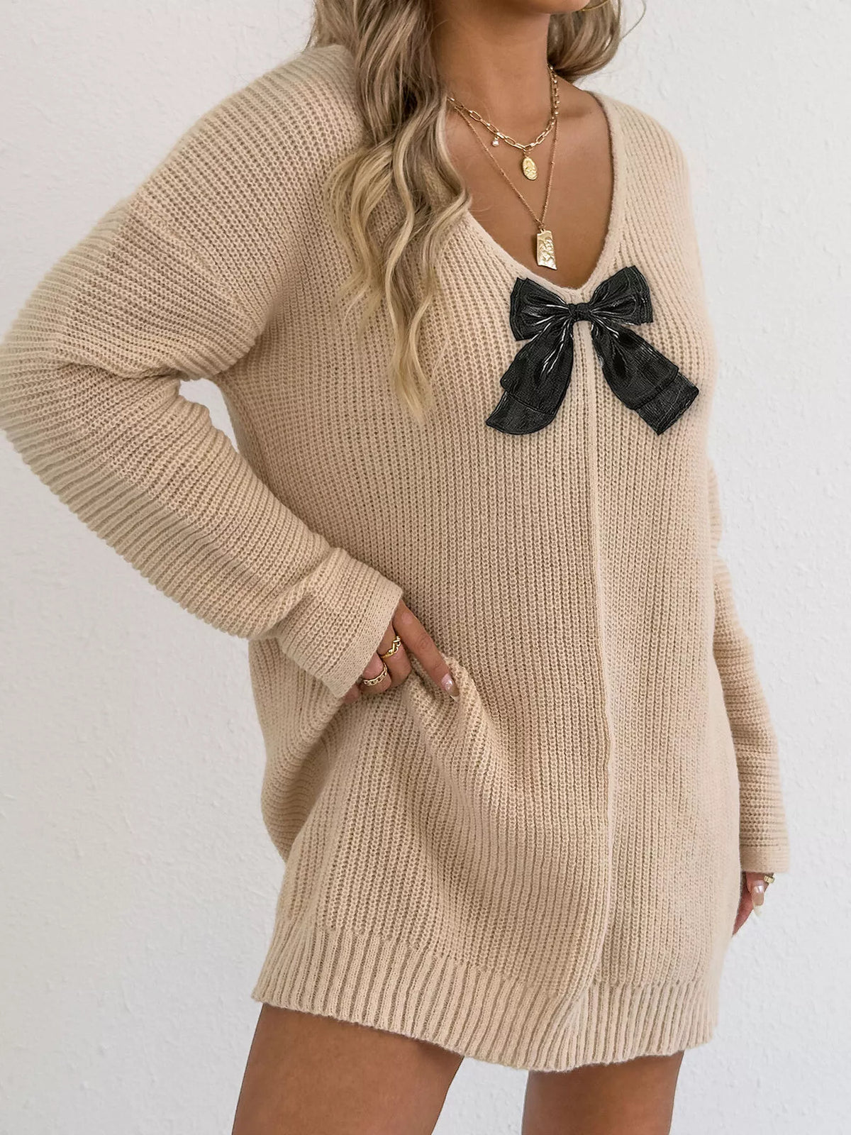 Bow Ribbed Knit Sweater Dress in Apricot