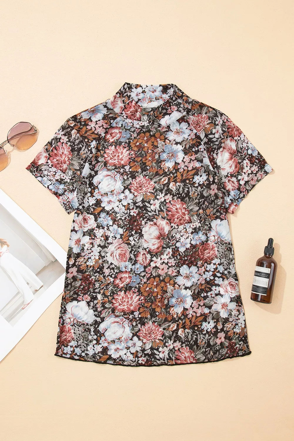 Floral Print Mock Neck Sheer Mesh Top, view 6