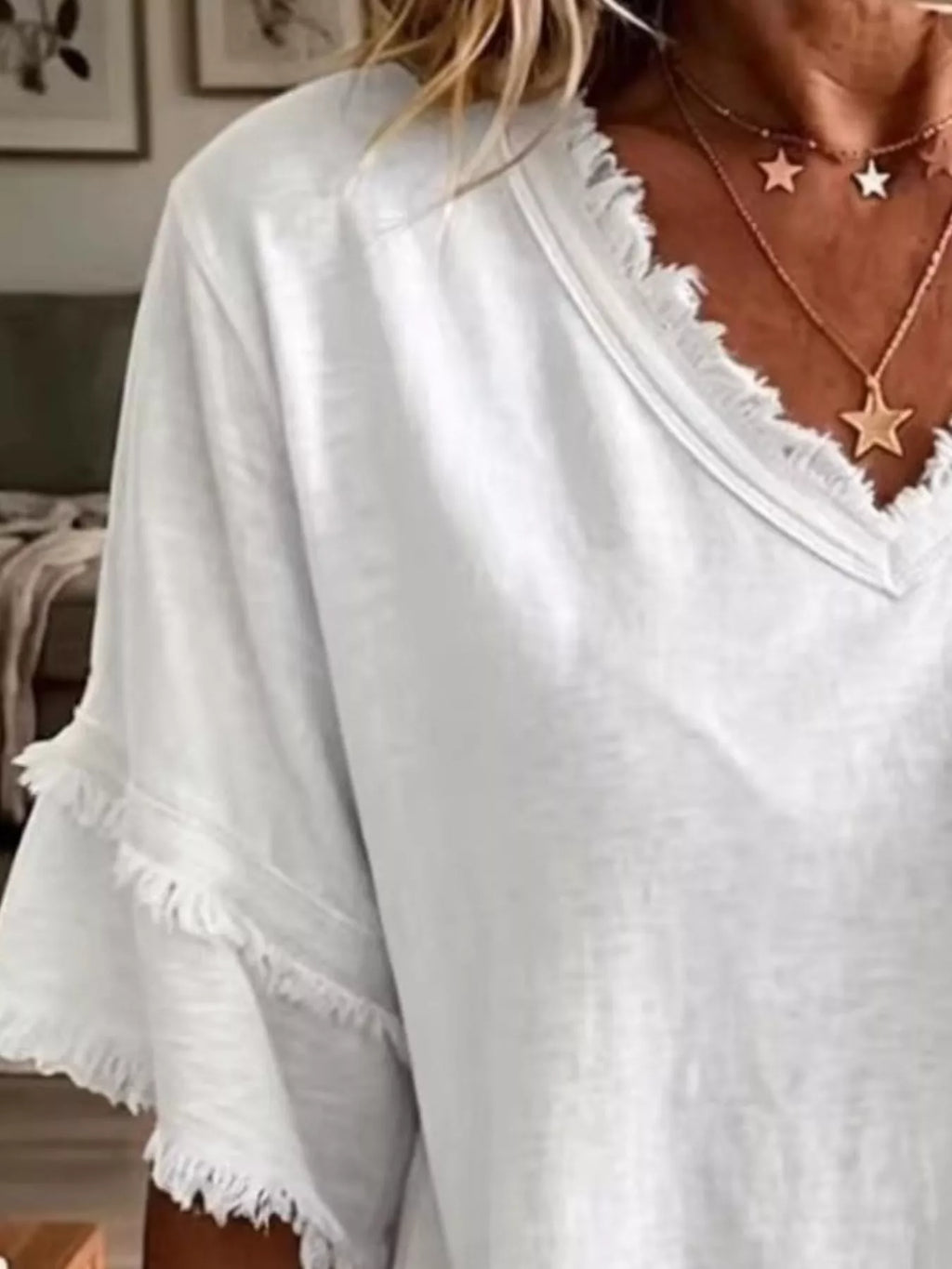 Full Size Frayed Edge V-Neck Blouse Plus Size - Lilixa.store