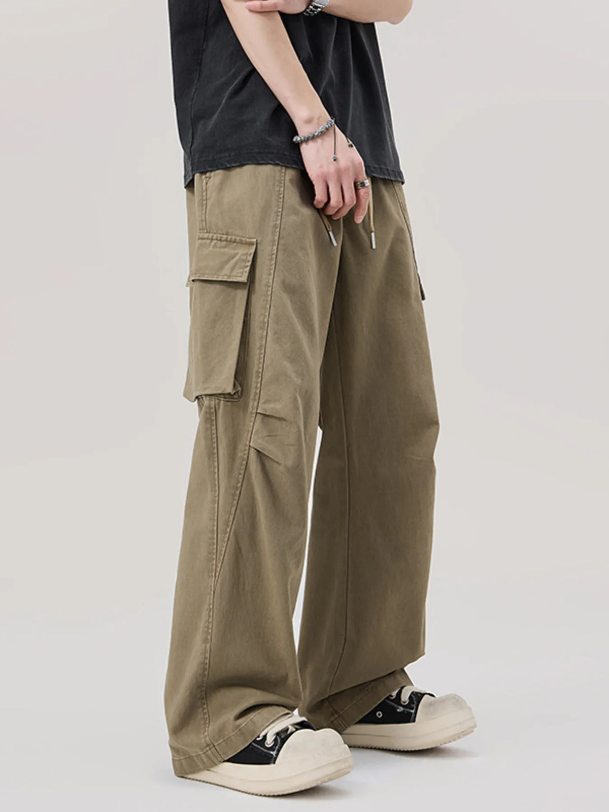 Men's Relaxed Fit Cargo Pants with Drawstring in Khaki, view 2
