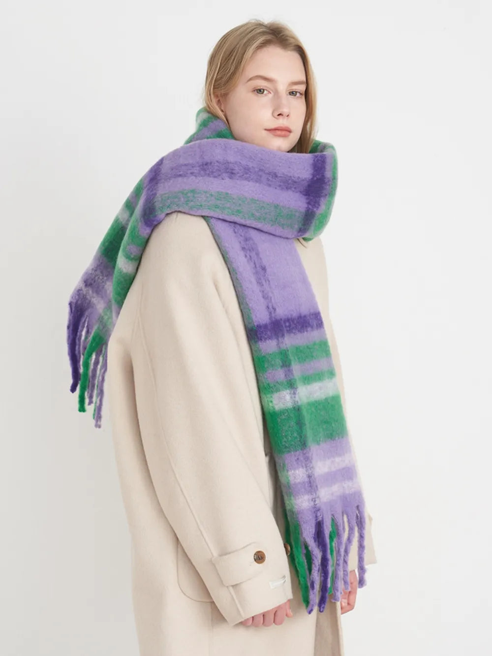 Fringe Plaid Polyester Scarf - Lilixa.store