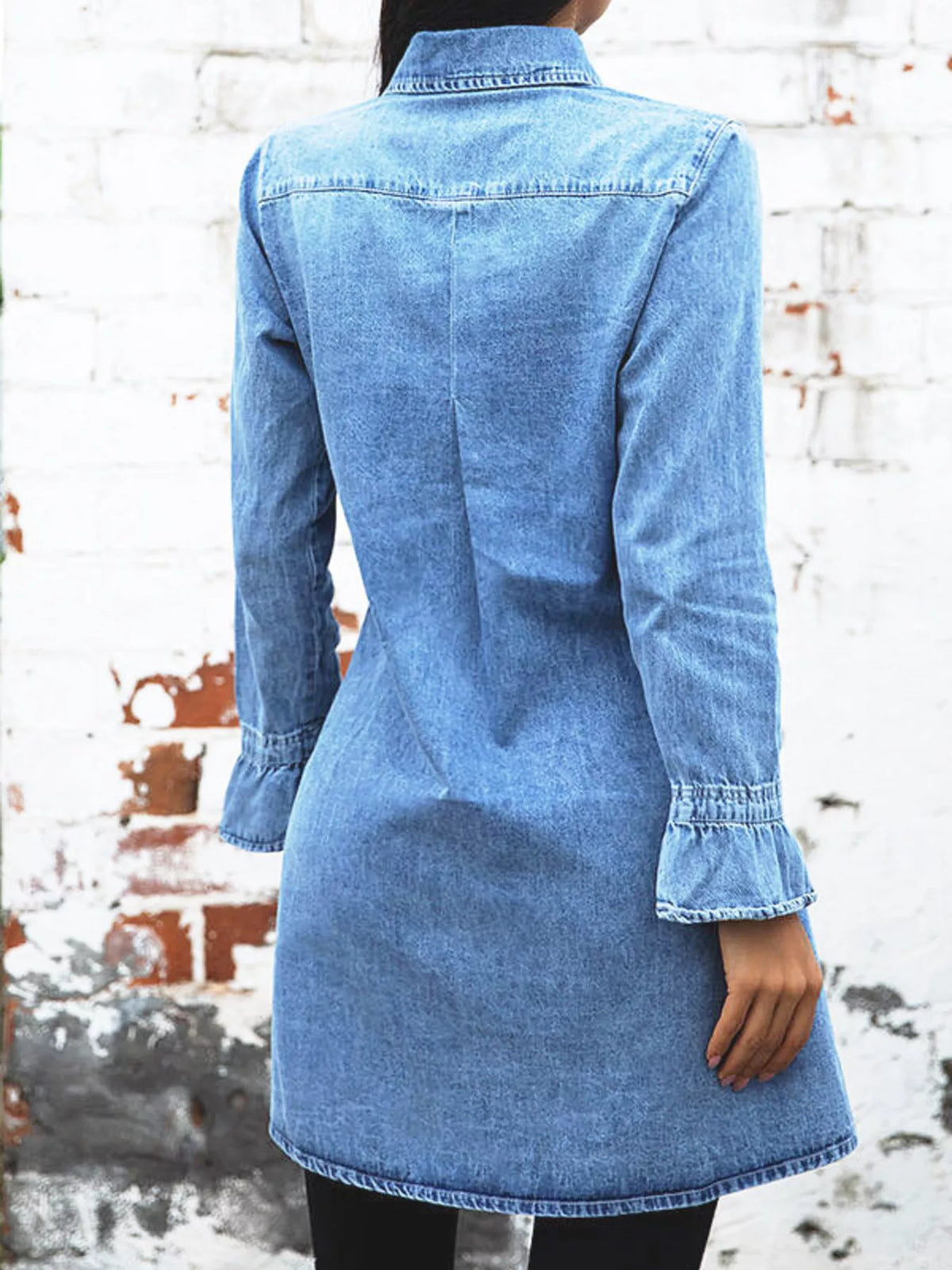 Button Front Long Sleeve Denim Dress - Lilixa.store
