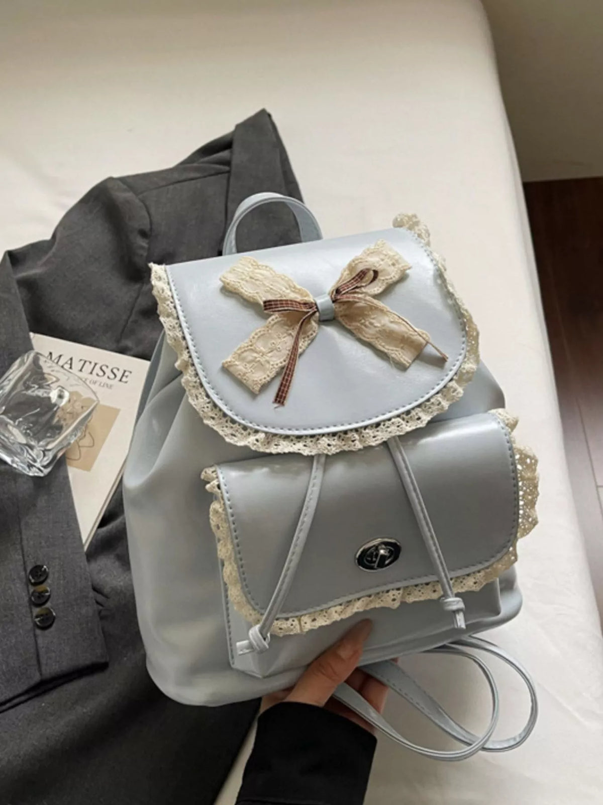 Lace Trim Bow Decor Backpack Bag - Lilixa.store