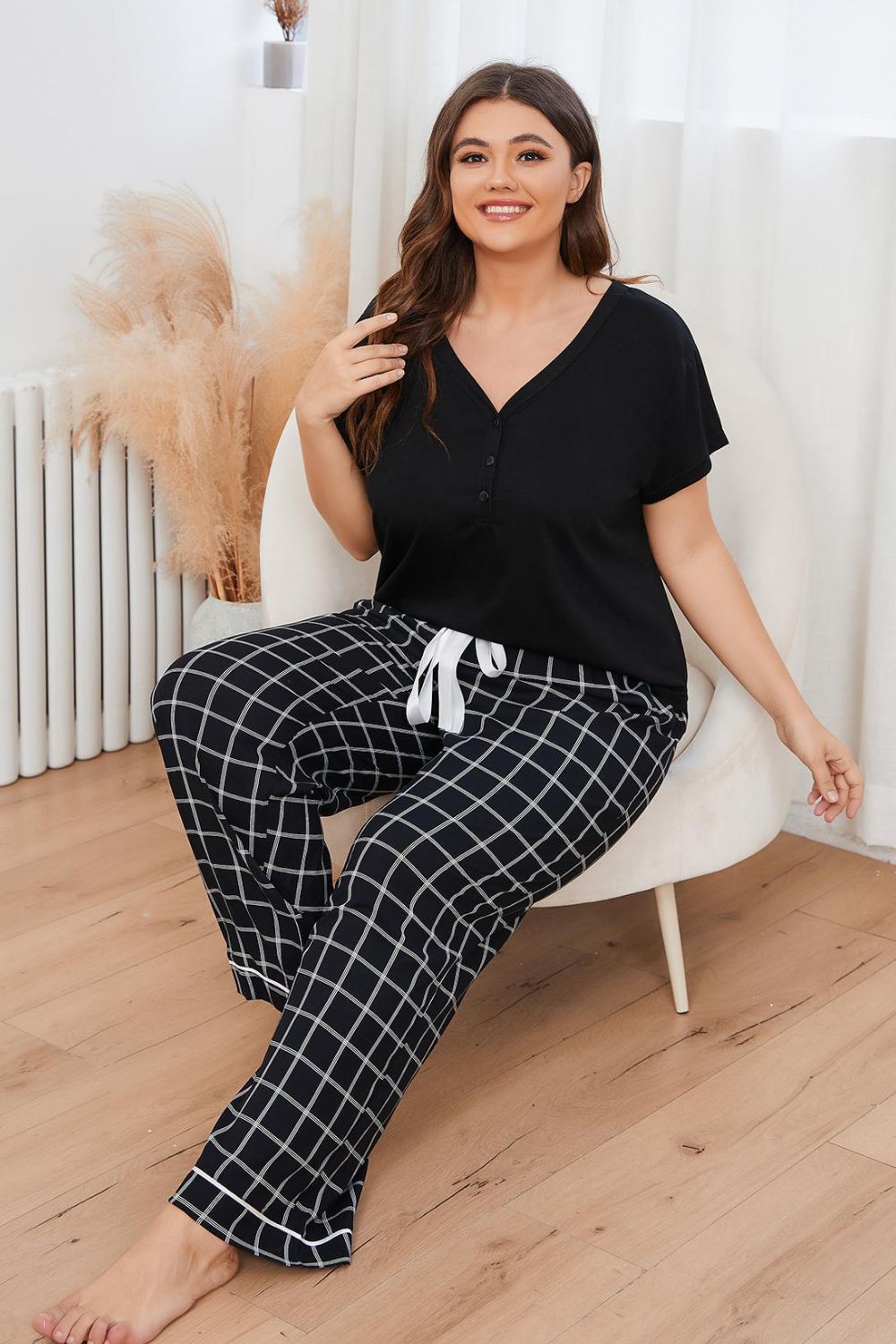 Plus Size V-Neck Top and Plaid Pants Lounge Set - Lilixa.store