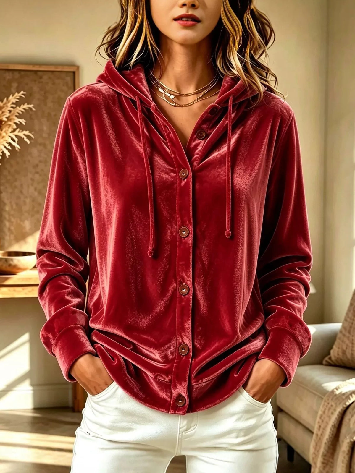 Full Size Velvet Button-Down Hooded Top Plus Size - Lilixa.store