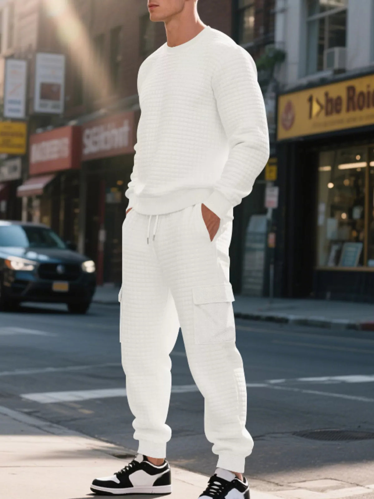 Men's Plus Size Waffle Knit Textured Crewneck Sweatshirt and Jogger Set - Lilixa.store