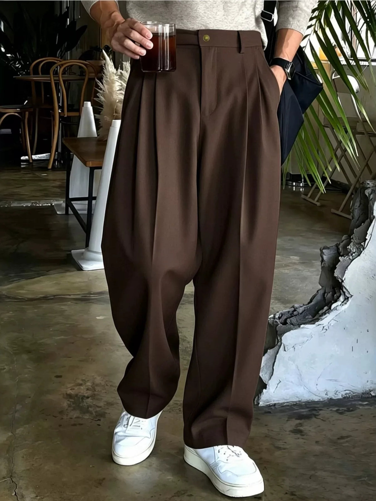 Men's High-Waisted Pleated Wide-Leg Dress Pants