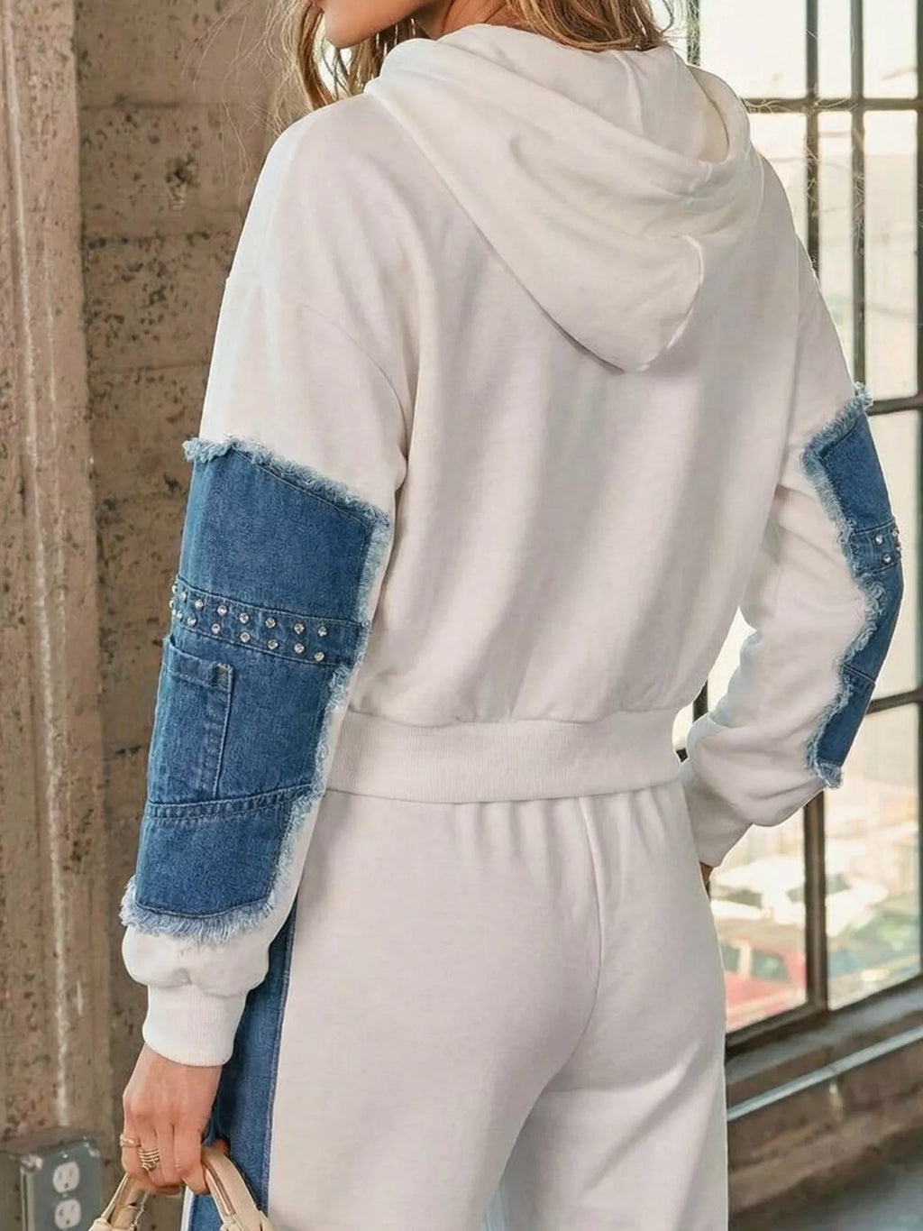 Full Size Studded Denim Patchwork Hoodie and Joggers Set Plus Size - Lilixa.store