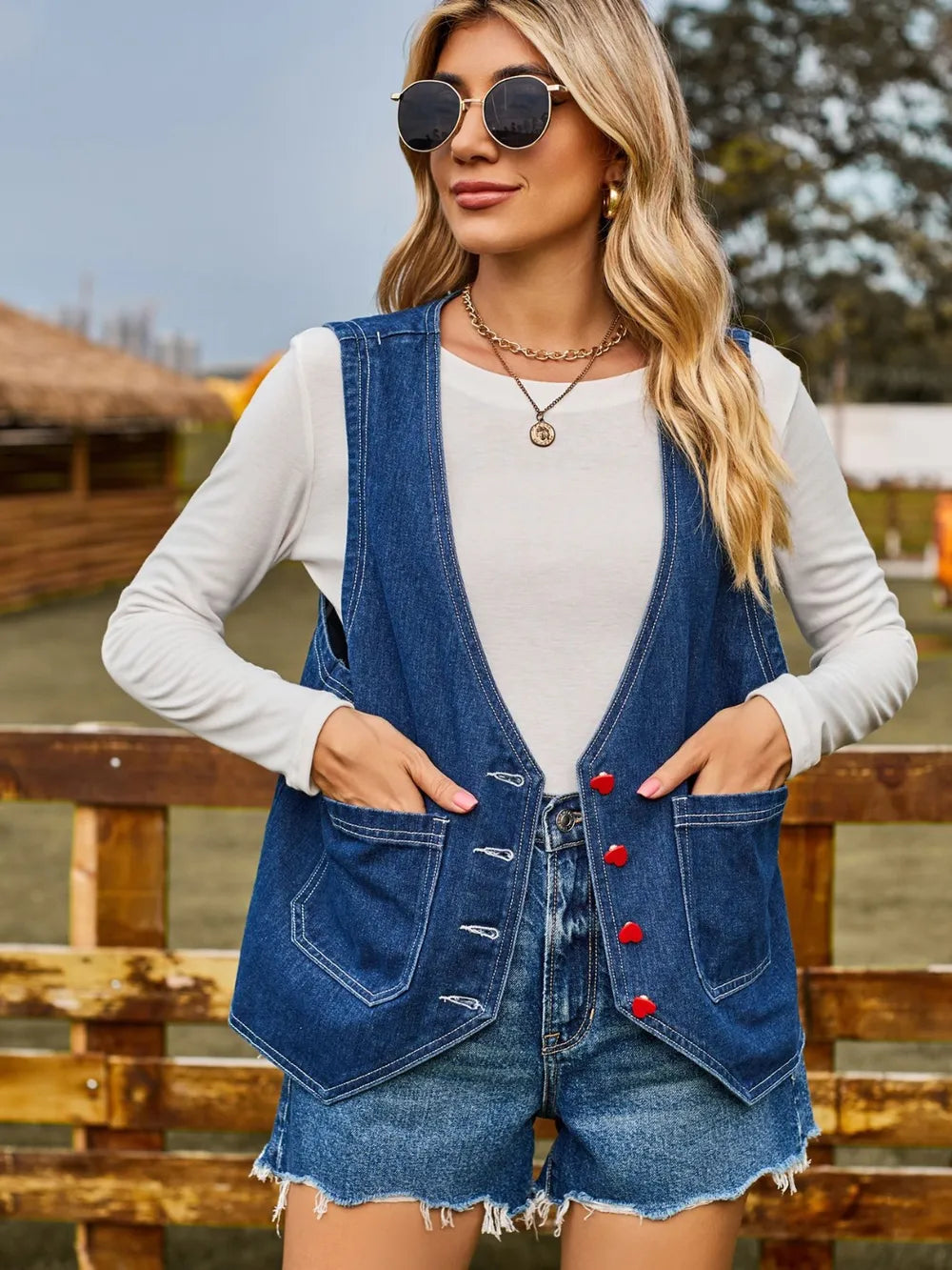 Pocketed Button Up Sleeveless Denim Jacket in Dark Blue, view 5