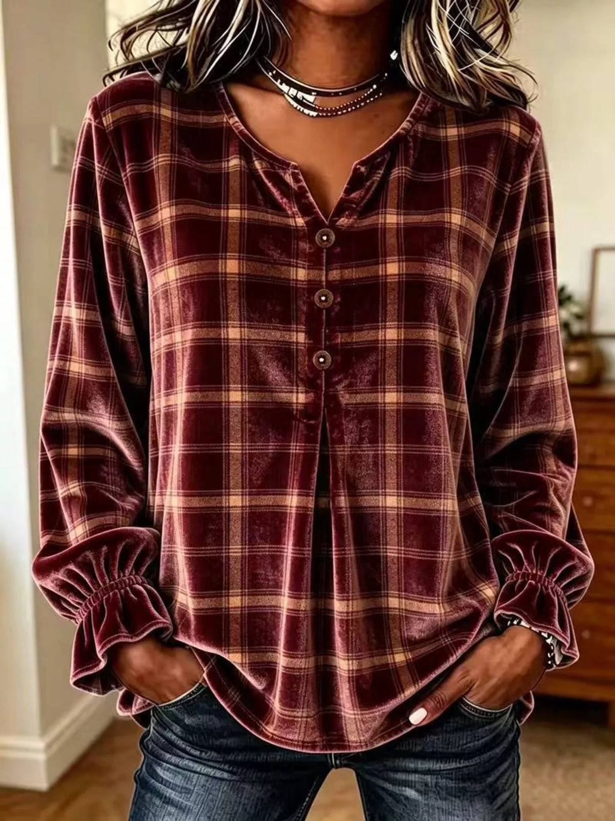 Full Size Plaid Velvet Flounce Sleeve Blouse Plus Size in Burgundy