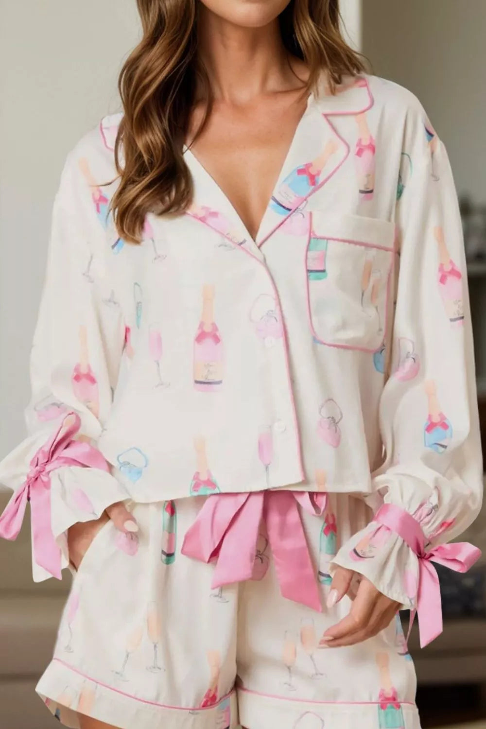 Bow Printed Collared Neck Top and Drawstring Shorts Lounge Set - Lilixa.store