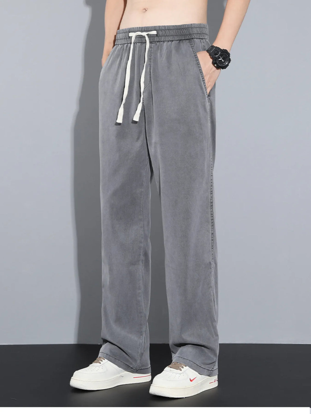 Men's Plus Size Casual Wide Leg Drawstring Pants in Grey