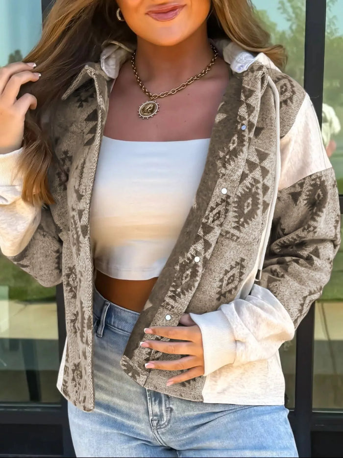 Western Aztec Print Color Block Patchwork Drawstring Hooded Shacket in Khaki