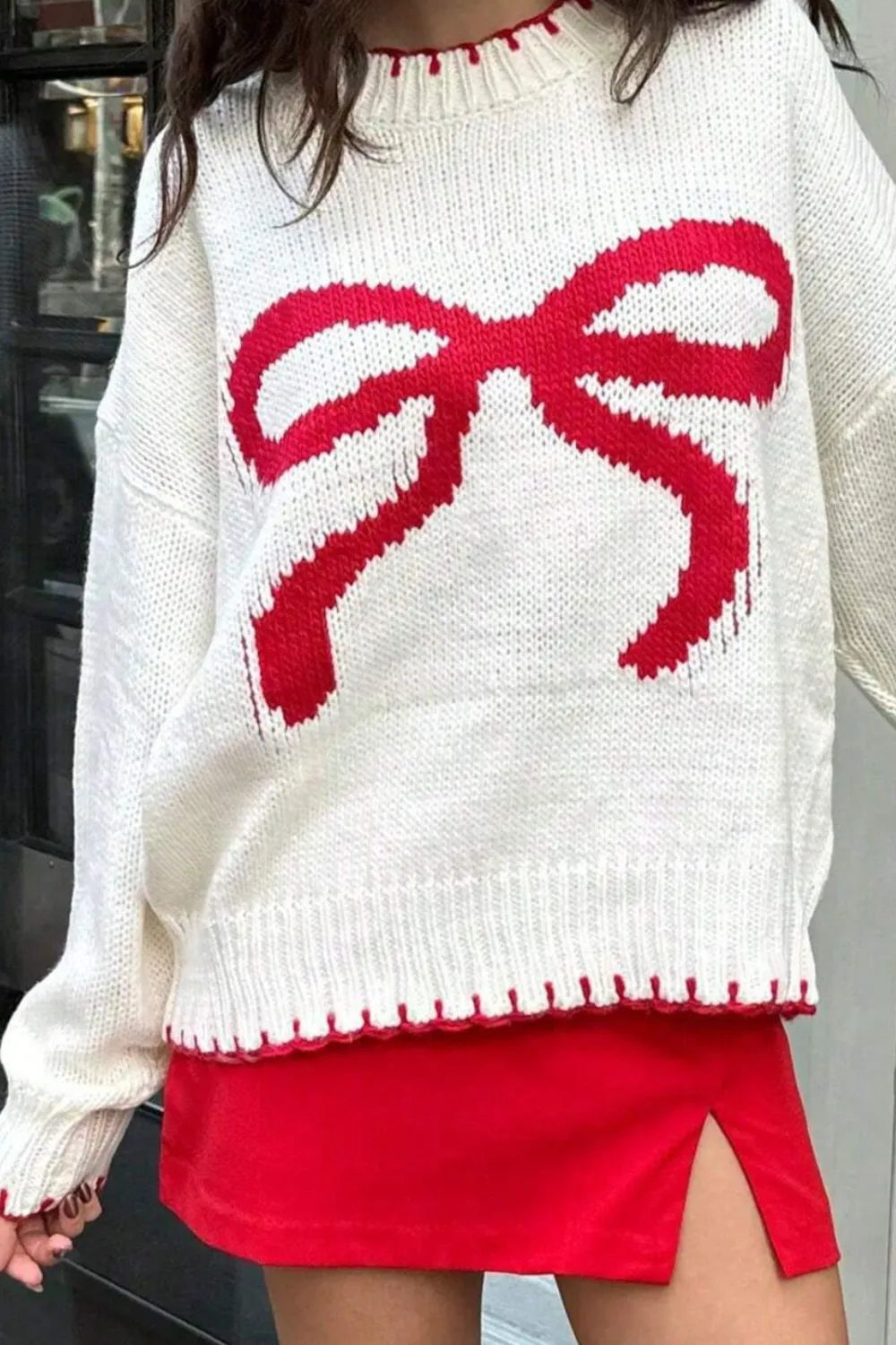 Bow Graphic Round Neck Long Sleeve Sweater - Lilixa.store