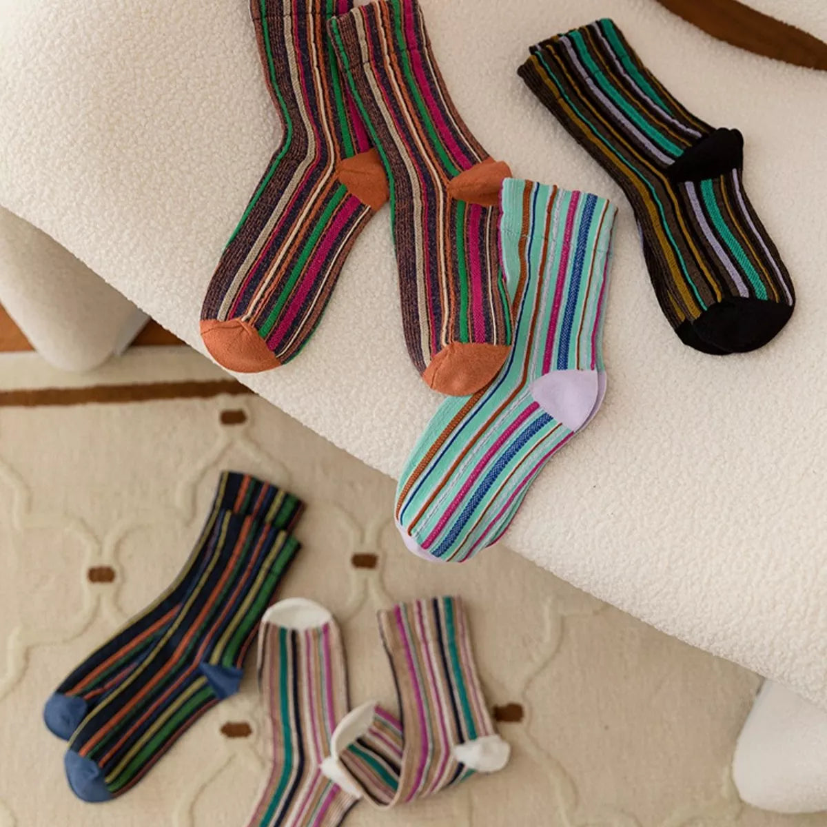Multi-Color Striped Cotton Crew Socks
