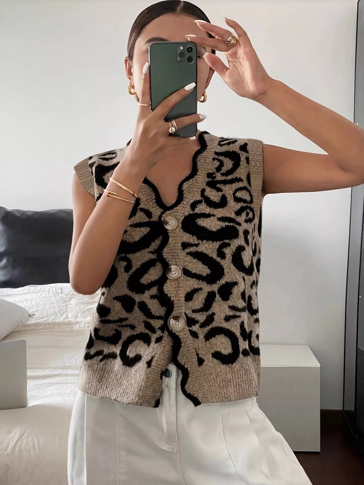 Plus Size Leopard Scalloped Edge Button-Down Sweater Vest