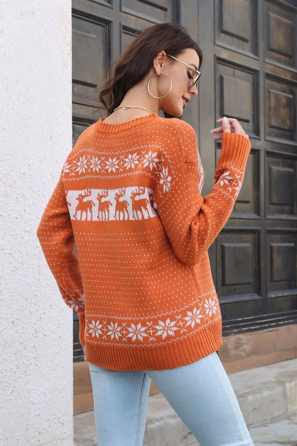 Reindeer & Snowflake Pattern Dropped Shoulder Pullover Sweater in Orange, view 2