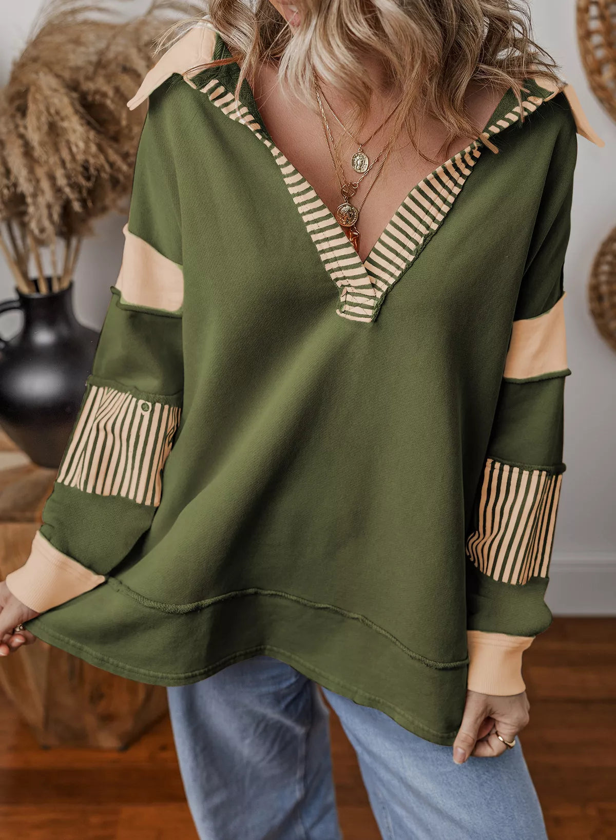 Color Block Striped Johnny Collar Sweatshirt - Lilixa.store