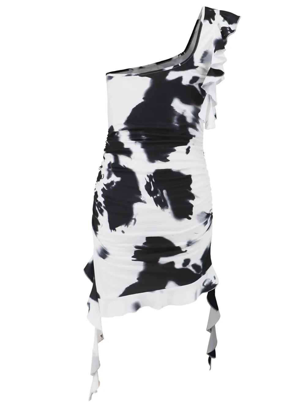 Ruffled Tie-Dye Single Shoulder Mini Dress - Lilixa.store