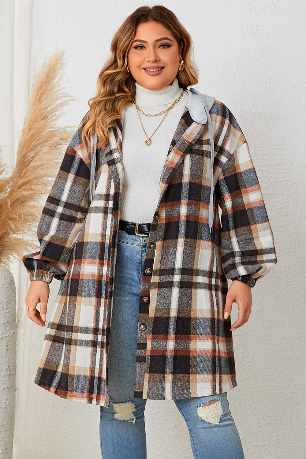 Honey Plus Size Plaid Drop Shoulder Hooded Coat - Lilixa.store