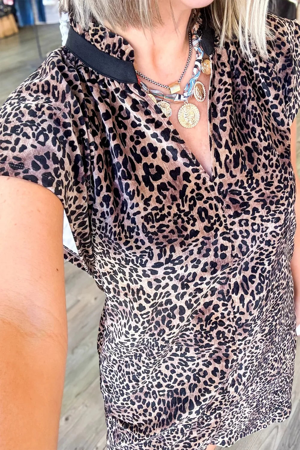 Leopard Print Short Sleeve Mini Shift Silhouette Dress - Lilixa.store